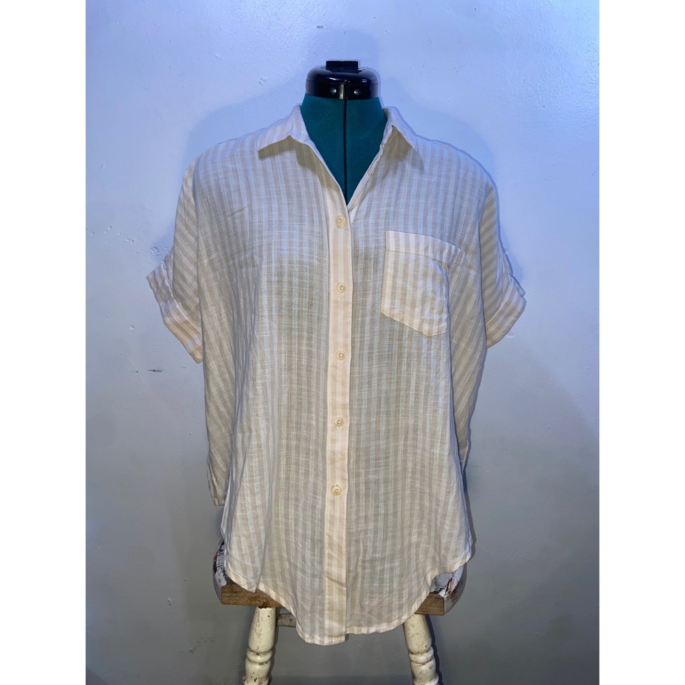 Madewell Womens Beige White Stripe Cotton Gauze Button Up Minimalist Lightweight